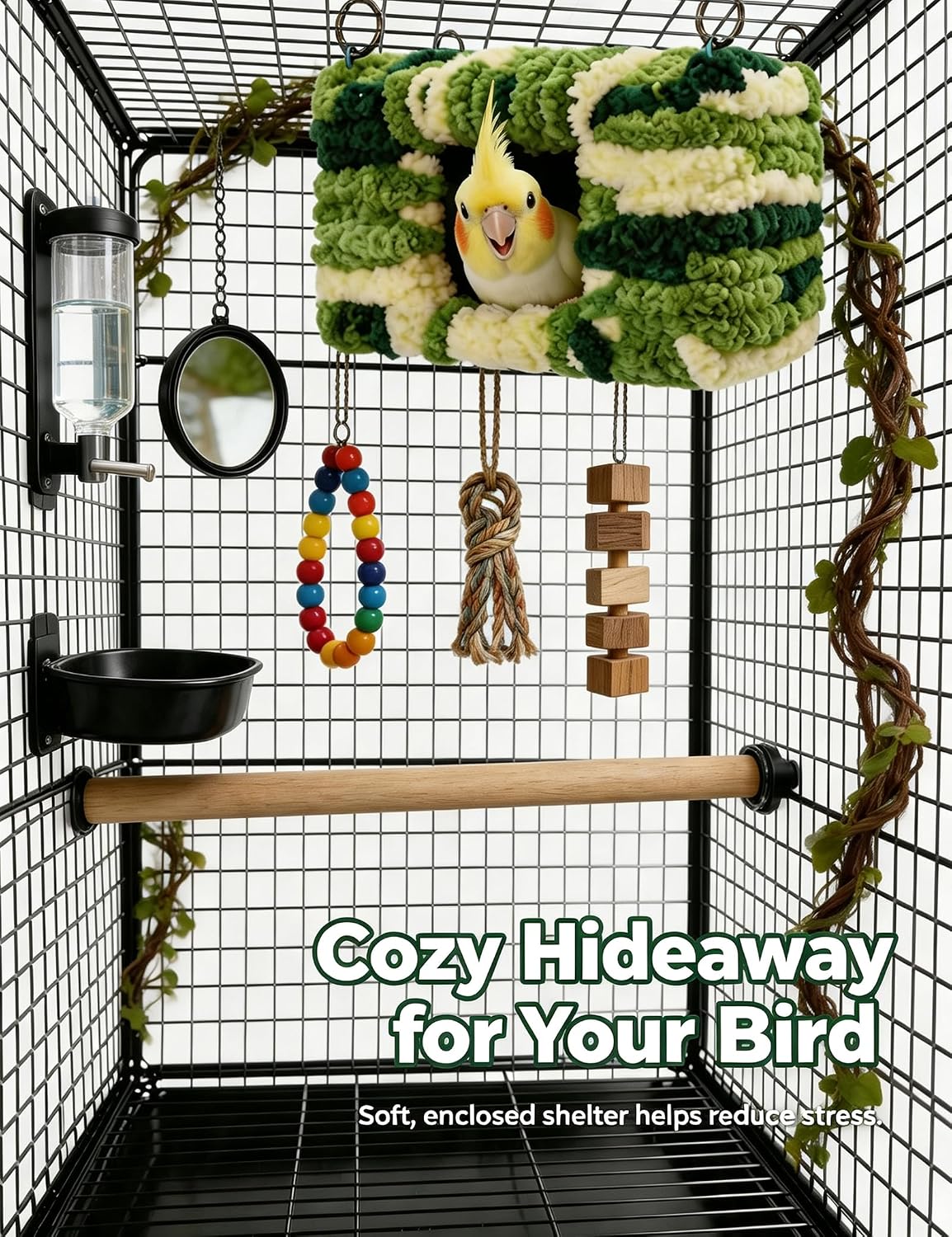 Plush Rectangular Bird Nest Hut with Metal Hanging Rings for Parrots