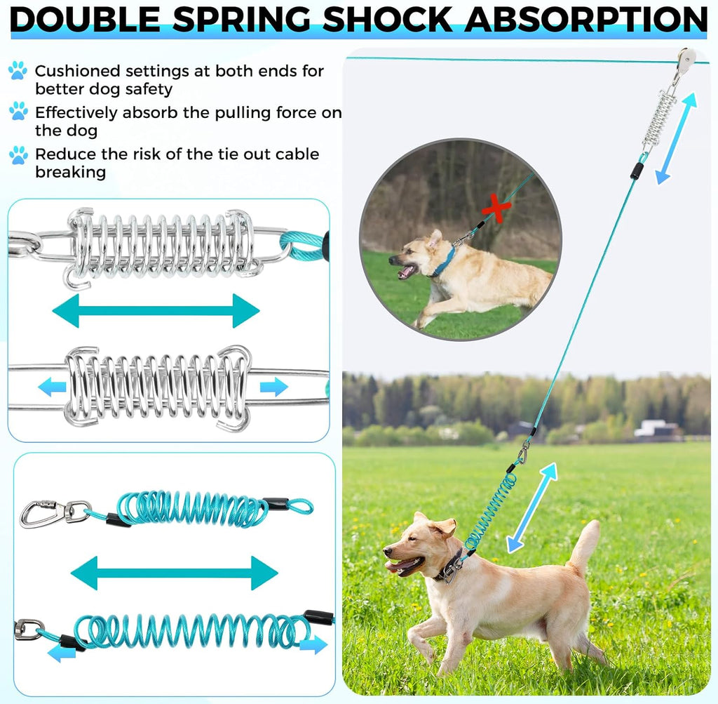 Dog Runner for Yard, Double Shock Absorption Dog Trolley System for Large Dogs, Heavy Duty 50FT Tie Out Run Cable with 10FT Leads, for Dogs Up to 250LBS,Aerial Zipline for Outside,Camping
