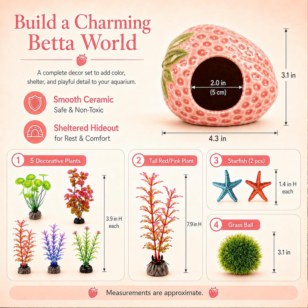 10PCS Aquarium Decorations, Ice Crackle Glaze Betta Fish Tank Decor Accessories, Ceramic Strawberry House Cave Hideout with Artificial Plants Grass Ball & Starfish for Goldfish Shrimp Cichlid (Pink)