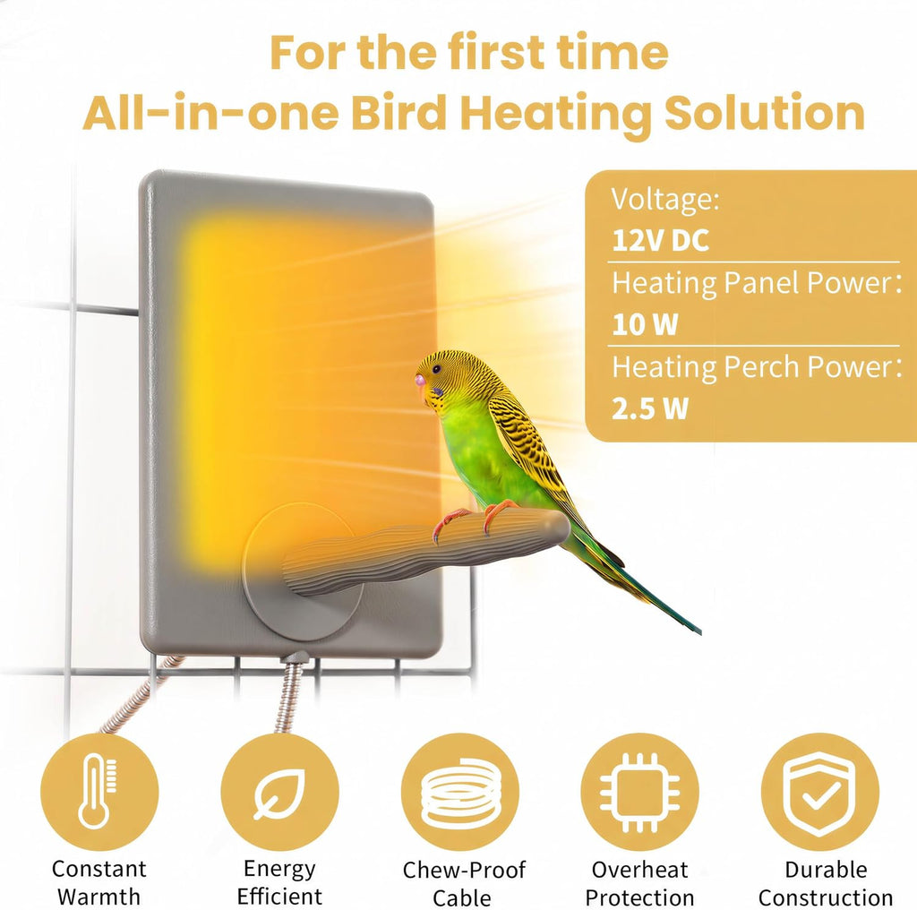 Bird Heater, 2-in-1 Heated Bird Perch & Warming Panel, Safety Listed, Gray