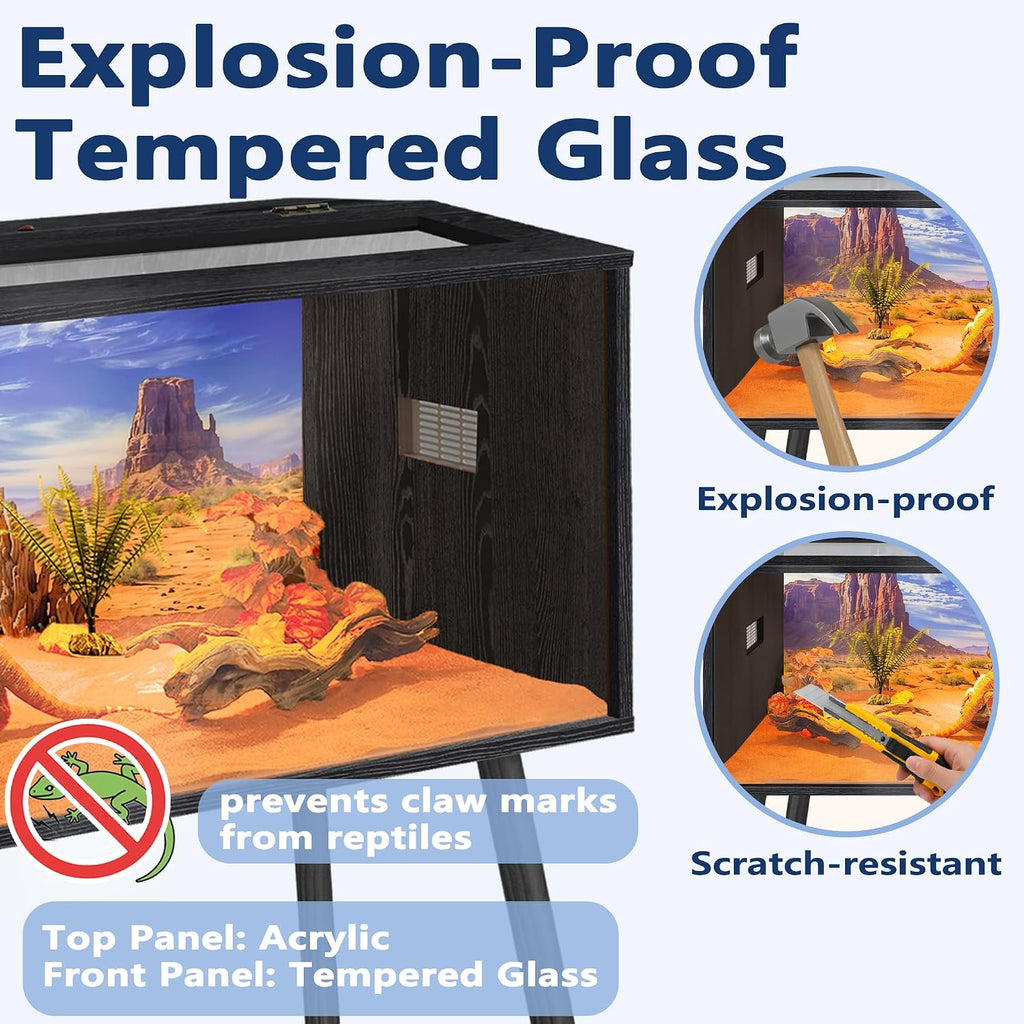 Prolee 63 Gallon Reptile Tank, Tempered Glass Bearded Dragon Tank with Wooden Roof and Lockable Doors, Large Lizard Habitat with Built-in Lamp Fixture for Snakes, Iguanas, Chameleons (Black)