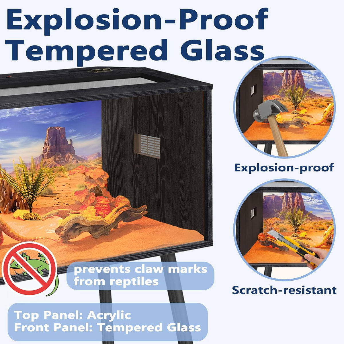 Prolee 63 Gallon Reptile Tank, Tempered Glass Bearded Dragon Tank with Wooden Roof and Lockable Doors, Large Lizard Habitat with Built-in Lamp Fixture for Snakes, Iguanas, Chameleons (Black)
