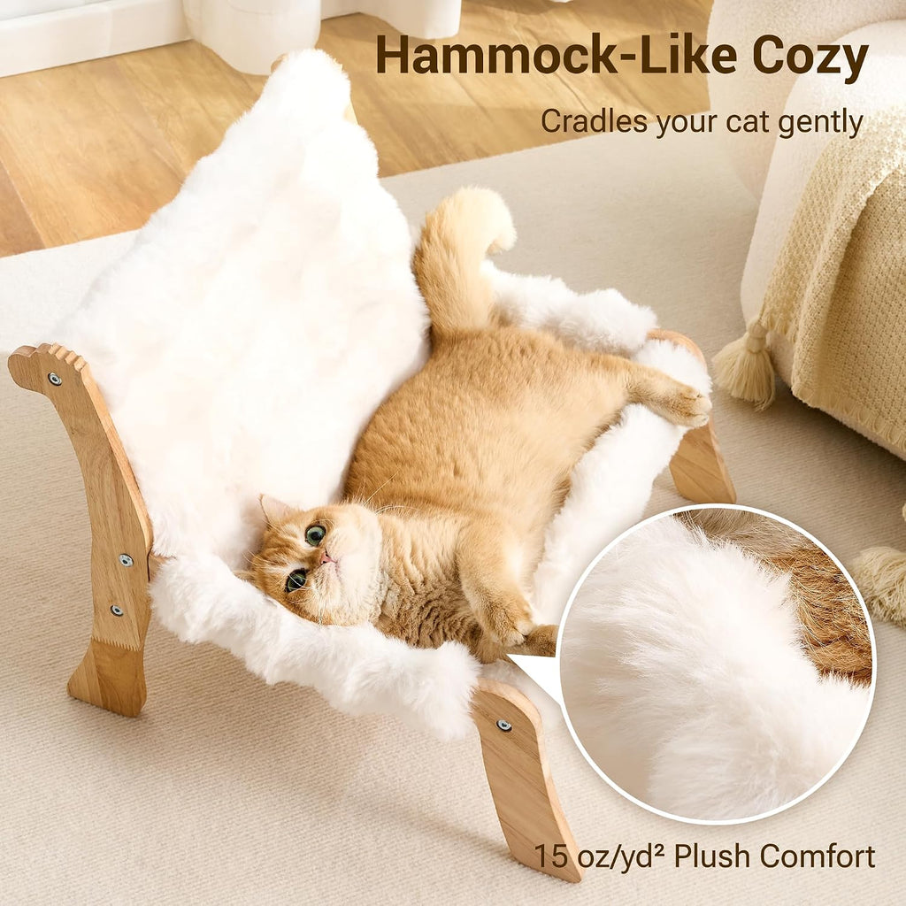 Solid Wood Cat Couch Bed for Indoor Cats, Modern Cat Sofa with Ultra-Soft Plush Surface Washable, Reclined Backrest, Elevated Elevated Cat Lounge Furniture for Small to Adult Pets, Ivory White