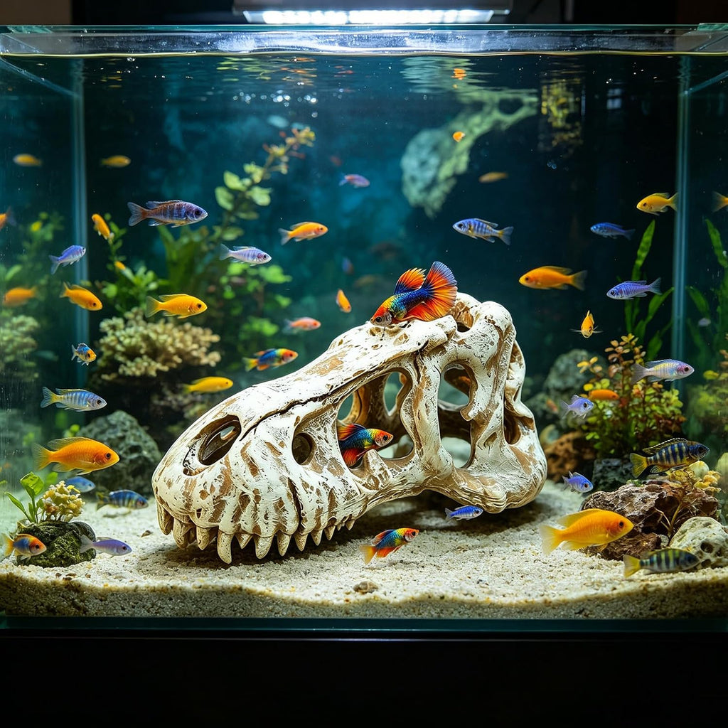 Dinosaur Skull Reptile Basking Platform, Resin Fish Tank & Terrarium Decor for Bearded Dragons, Lizards, Geckos - Aquarium Decor, Tarantula Hide Cave