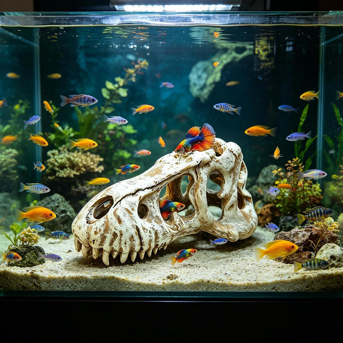 Dinosaur Skull Reptile Basking Platform, Resin Fish Tank & Terrarium Decor for Bearded Dragons, Lizards, Geckos - Aquarium Decor, Tarantula Hide Cave