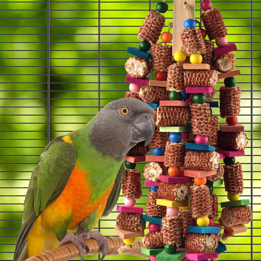 DBNESS Bird Toys for Parrots, 22in Large Parrot Chew Toys Natural Wood and Corn Cob Hanging Chewable Shredding Toy for Bird Cage, Foraging Toy for Macaws African Greys Cockatoos Amazons