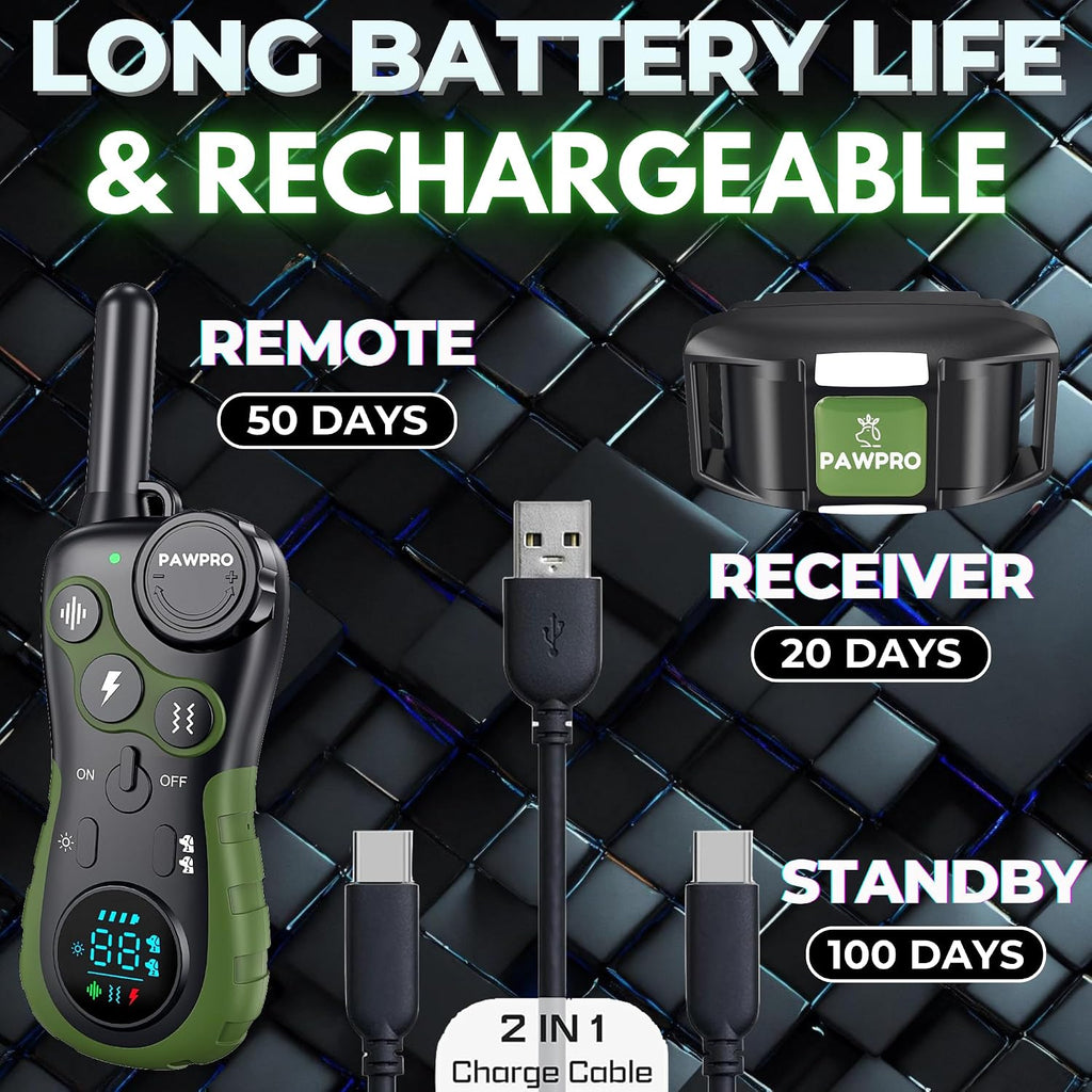 PAWPRO Dog Shock Collar with Remote, US Edition Training Collar, 4-Mile Range, Night Light, Beep, Vibration & 1-99 Shock, Waterproof & Rechargeable, Fits All Dogs, 30-Day Training Guide (Green)