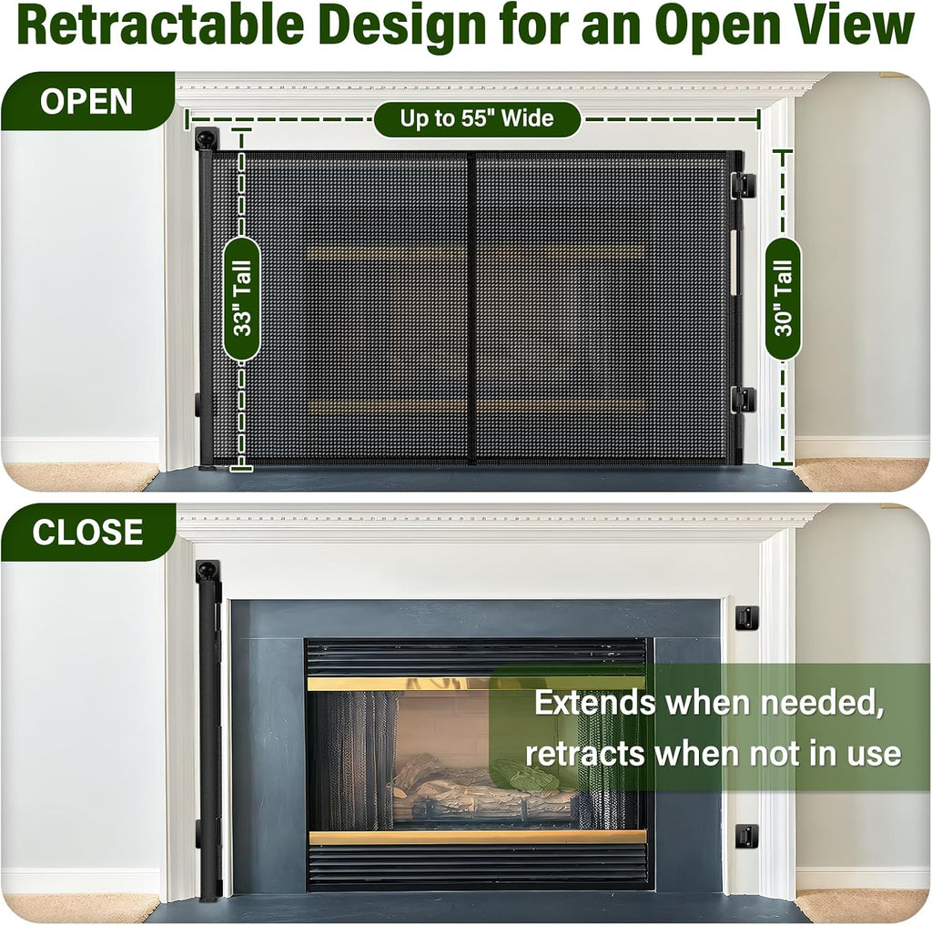 No Drill Retractable Baby Gate for Fireplace, 33" H × 55" W, Easy Install