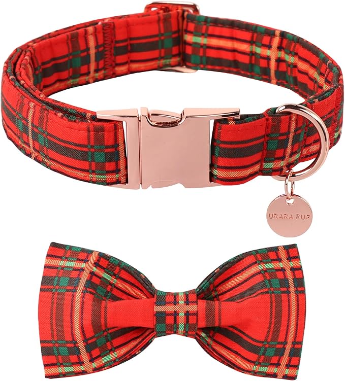 Christmas Dog Collar with Bow Tie, Cotton Christmas Plaid Collar by UPURARAPUP