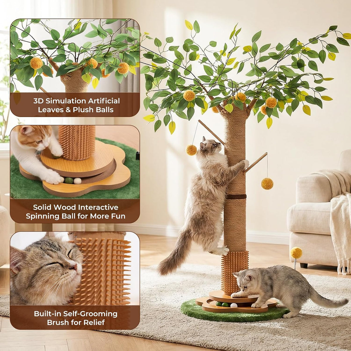 41" Tall Cat Scratching Post for Large Cats - XL Sturdy Cat Scratching Post with Solid Wood Base, Sisal Rope Scratching Posts for Indoor Cats Adults with Self-Grooming Brush, 4 Detachable Hanging Toys