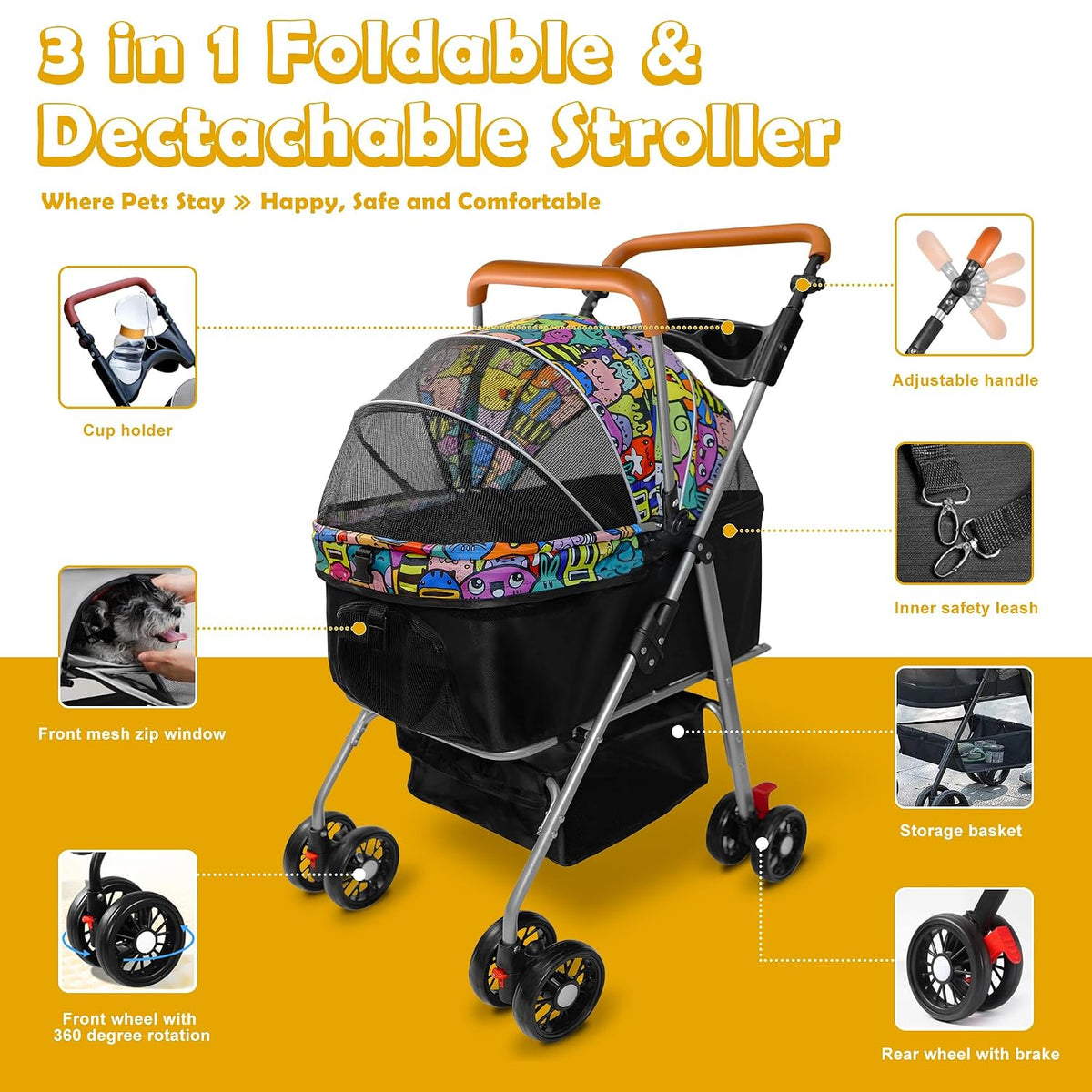 Pet Stroller with Storage Basket and Cup Holder, Folding Dog Jogger, Foldable Cat Stroller, 3 in 1 Puppy Kitten Cart, Pet Jogger for Medium Dog Cat (Magic Black)