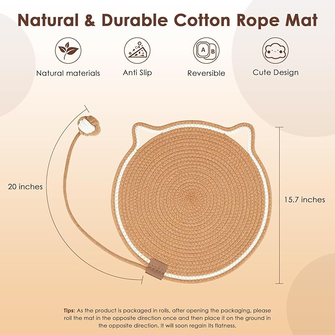 Cat Scratcher Mat, Natural Cotton Rope Cat Scratch Pad, 15.7'' Round Horizontal - Image 2
