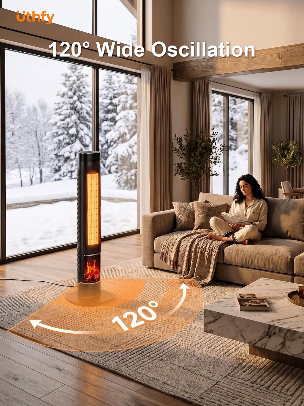 Uthfy 32IN Space Heater for Large Room, 1500W Portable Electric Heater for Indoor Use with 3D Flame Effect, 24H Timer, 120° Oscillation, Ceramic Heating Tower Heater for Bedroom, Living Room & Office
