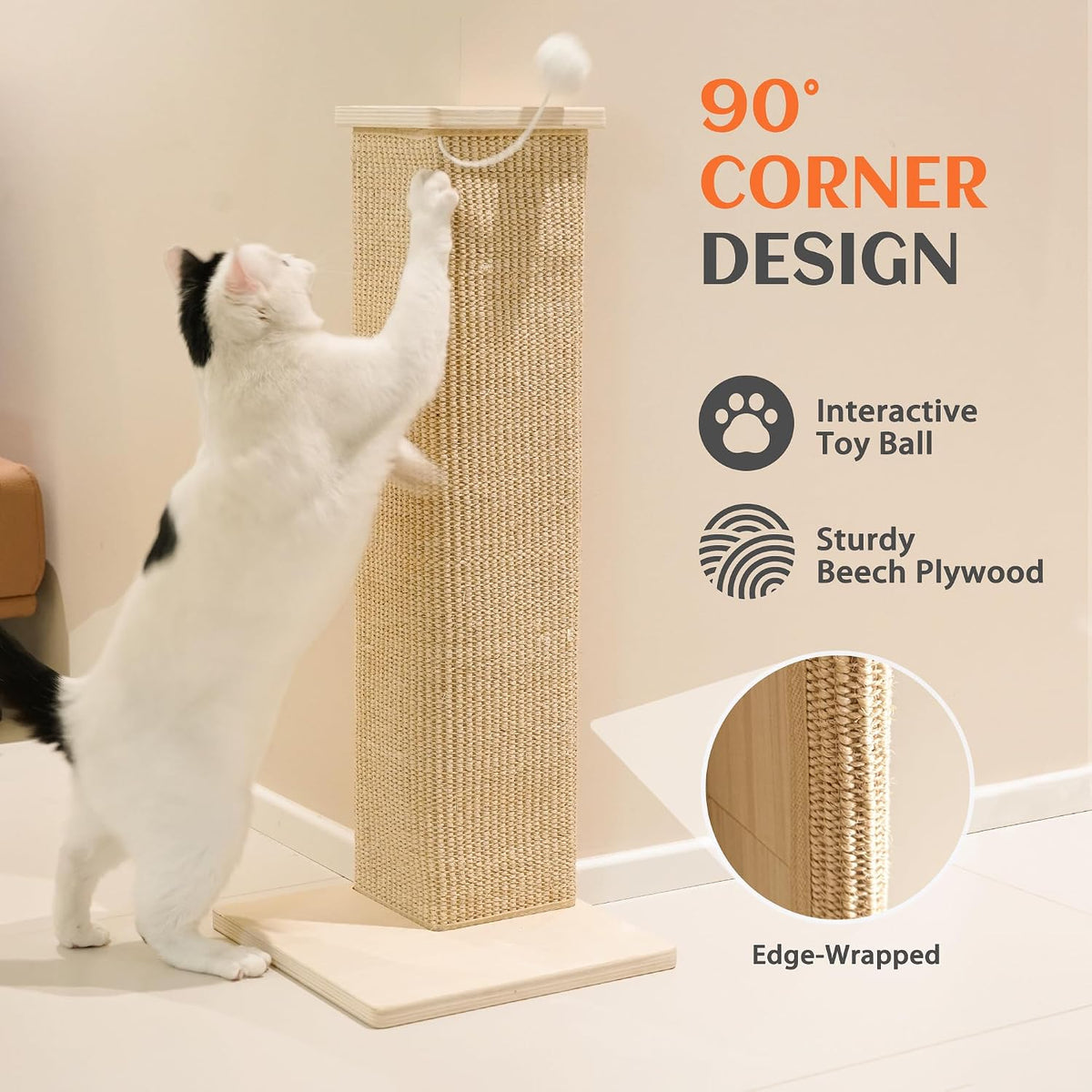 PETKARAY Couch Corner Cat Scratcher, 28'' Corner Wall Scratching Post, Sisal Cat Scratch Pad for Sofa & Furniture Protection with Toy Ball