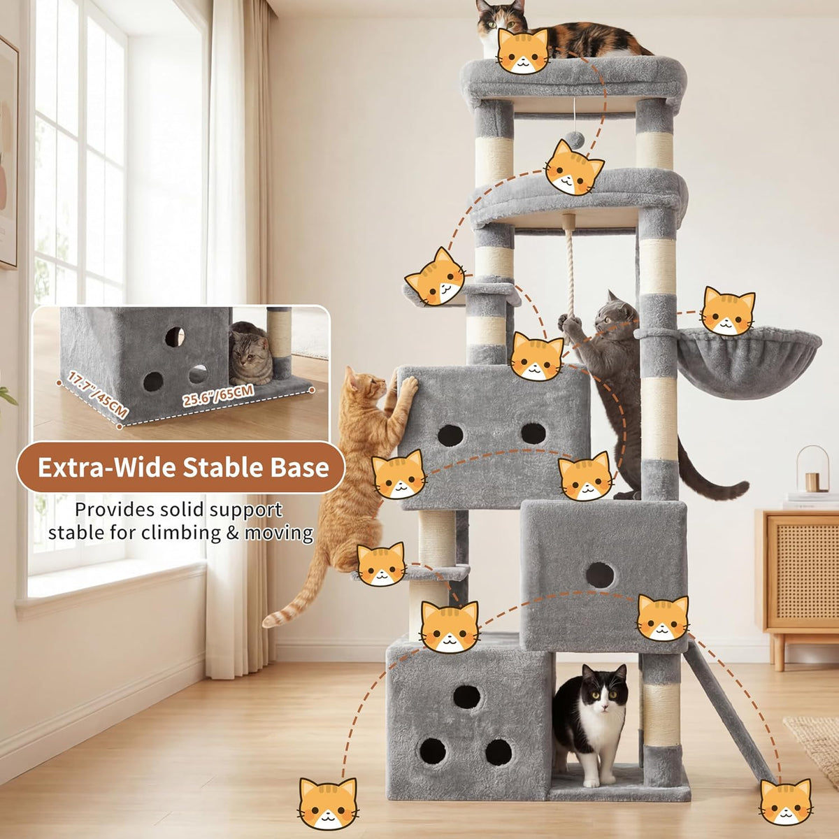 Heybly Cat Tree, 74-Inch Streamlined Cat Tower for Large Cats HCT061W