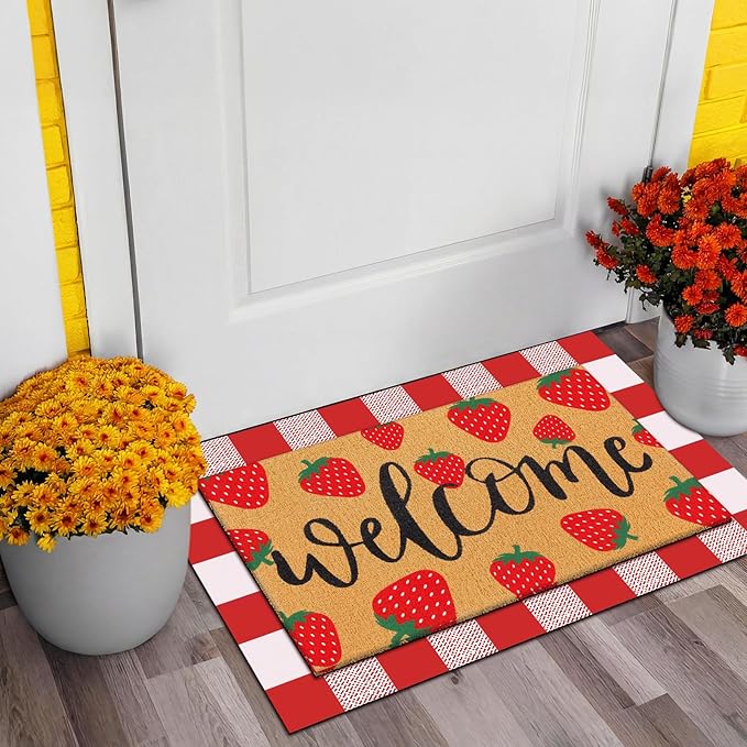 Tinideya 2 Pcs Strawberry Door Mat Fruit Pattern Design Welcome Non Slip Coir - Image 3