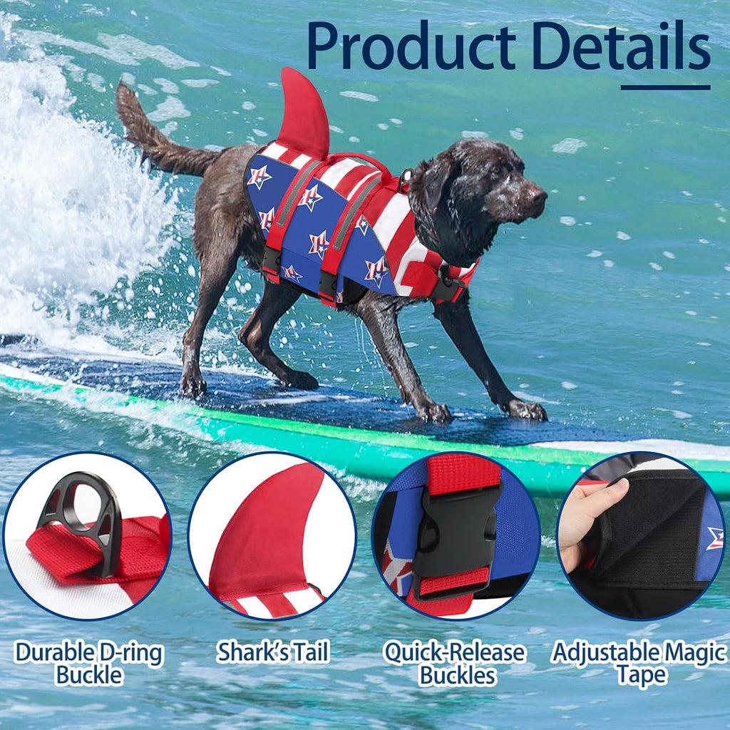 Dog Life Jacket, American Flag Ripstop Shark Dog Life Vest for Swimming & Boating, High Buoyancy Reflective Pet Vest with Rescue Handle, for X-Small/Medium/Large/X-Large Dogs (USA Flag, M)