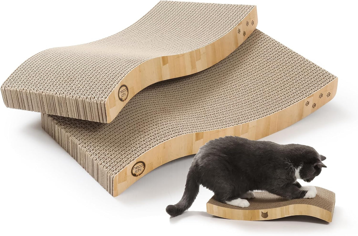 Reversible Wave Cat Scratcher for Indoor Cats - Cat Scratching Board, Horizontal Cat Scratch Pad Lounger with Reversible Usability and Extra Comfort for Lounge(2Pack, Oak)