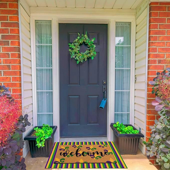 Tinideya 2 Pcs Mardi Gras Door Mat Carnival Welcome Non Slip Coir Mats Purple - Image 5