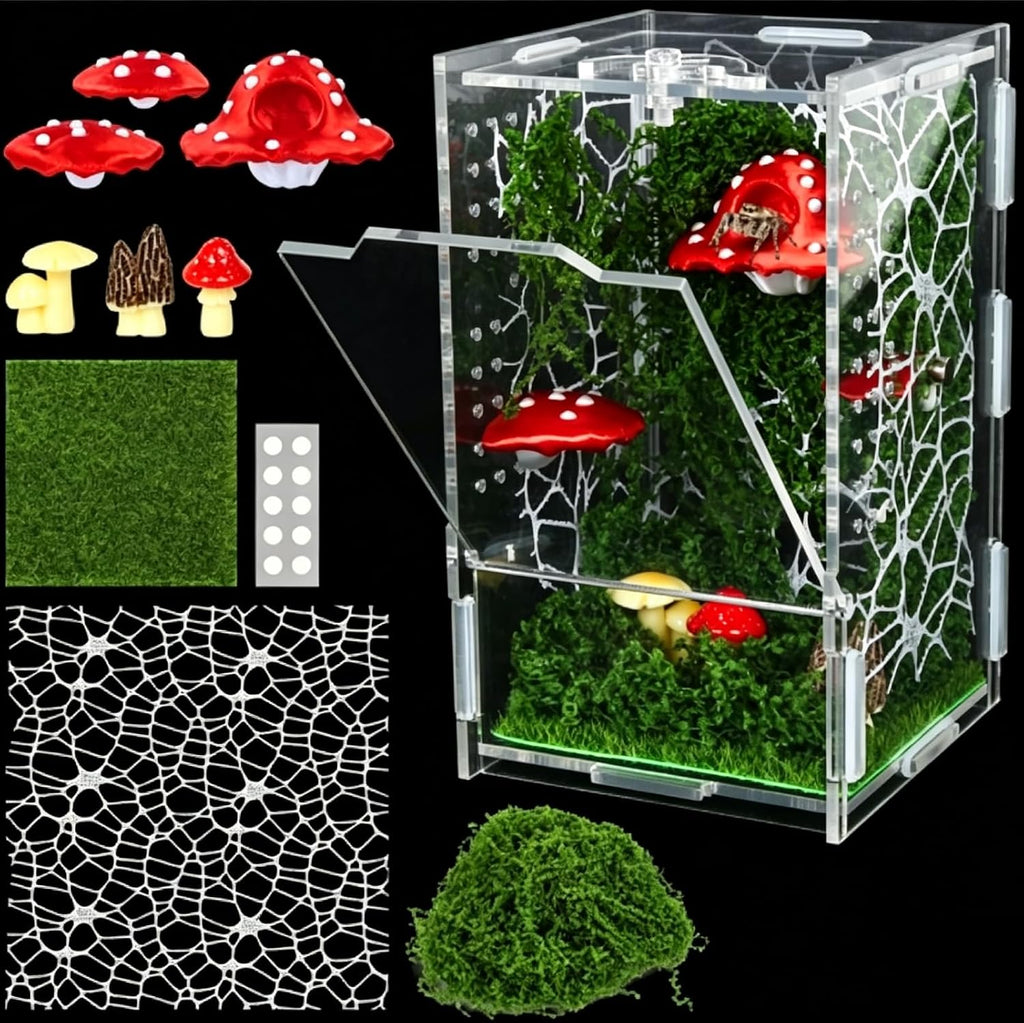 Escape-Proof Jumping Spider Enclosure Kit, Clear Acrylic Terrarium with Micro Vents and Front Opening, 3D Printed Detachable Magnetic Mushroom Hide Decor for Jumping Spiders, Tarantulas & Mantis