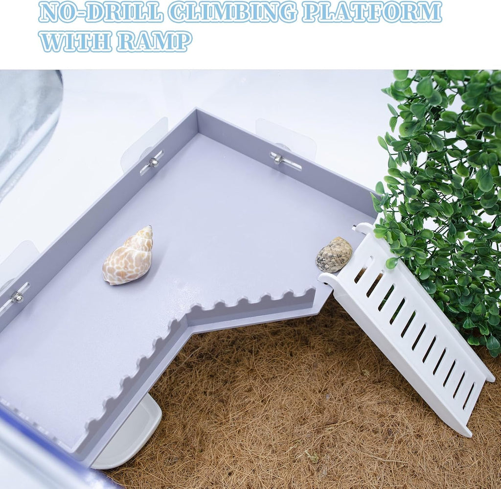 No-Drill Climbing Platform with Ramp, Hermit Crab Climbing Wall & Hideout, Multi-Level Platform with Ladder, No-Tools Mounting for Geckos, Small Lizards, Hamsters, Grey