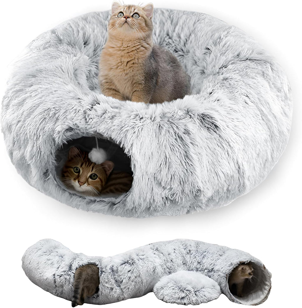 Cat Tunnel Bed for Indoor Cats with Washable Cushion Cat Cave Donut Tunnel with Fluffy Ball Big Round Tube Pet Playground Toys Soft Plush Peekaboo for Kitten, Cat, Puppy, Rabbit, Ferret（Brown）