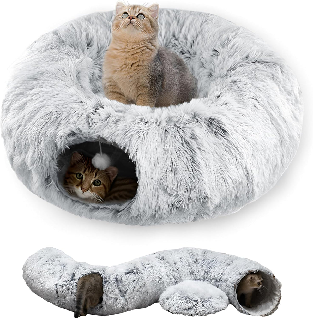 Cat Tunnel Bed for Indoor Cats with Washable Cushion Cat Cave Donut Tunnel with Fluffy Ball Big Round Tube Pet Playground Toys Soft Plush Peekaboo for Kitten, Cat, Puppy, Rabbit, Ferret（Brown）