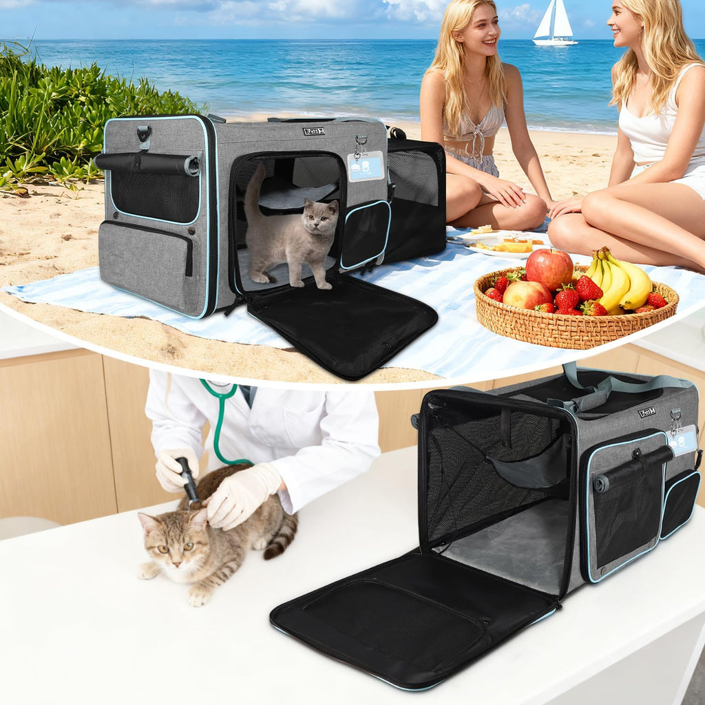 Petskd Side Expandable Extra Large Cat Carrier with Litter Box, Grey