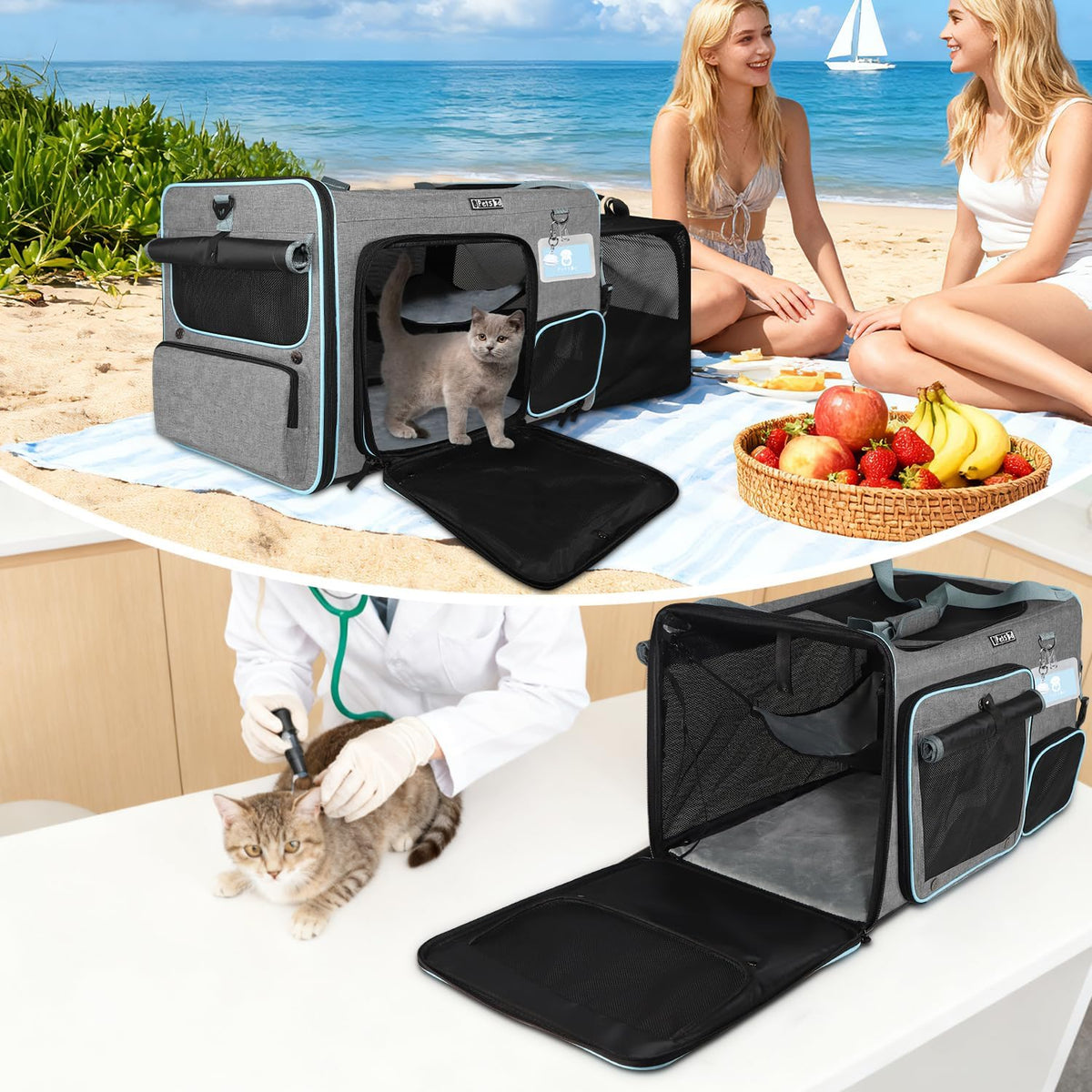 Petskd Side Expandable Extra Large Cat Carrier with Litter Box, Grey