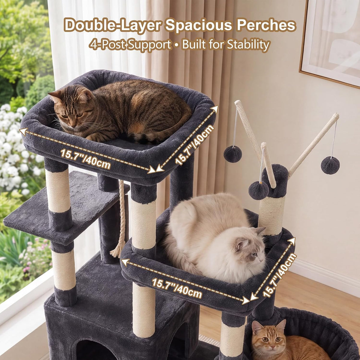 Heybly 55.1" Cat Tree with Stable Double Platforms for Indoor Cats HCT053G