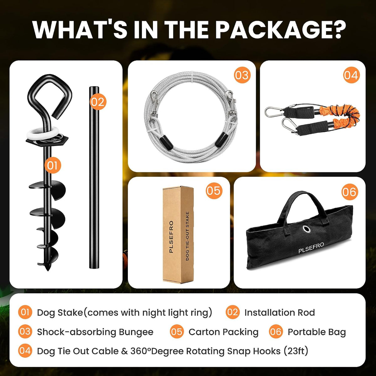 Glow Dog Tie Out Cable and Stake & Shock-Absorbing Bungee Tether