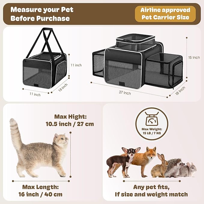 Top and 2 Sides Expandable Cat Carrier 18x11x11, TSA Airline Approved Dog - Image 4