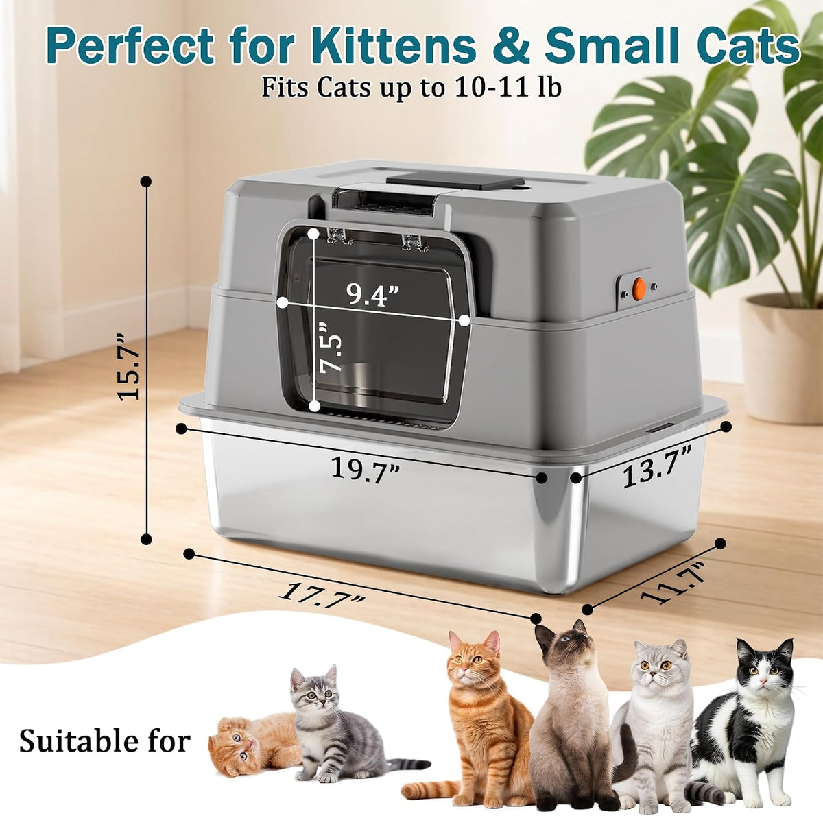 Stainless Steel Cat Litter Box with Lid, High Side Enclosed Kitty Litter Pan, Covered Metal Base Cat Box with Litter Scoop, Easy to Clean, Non-Stick, Odor-Free, Grey