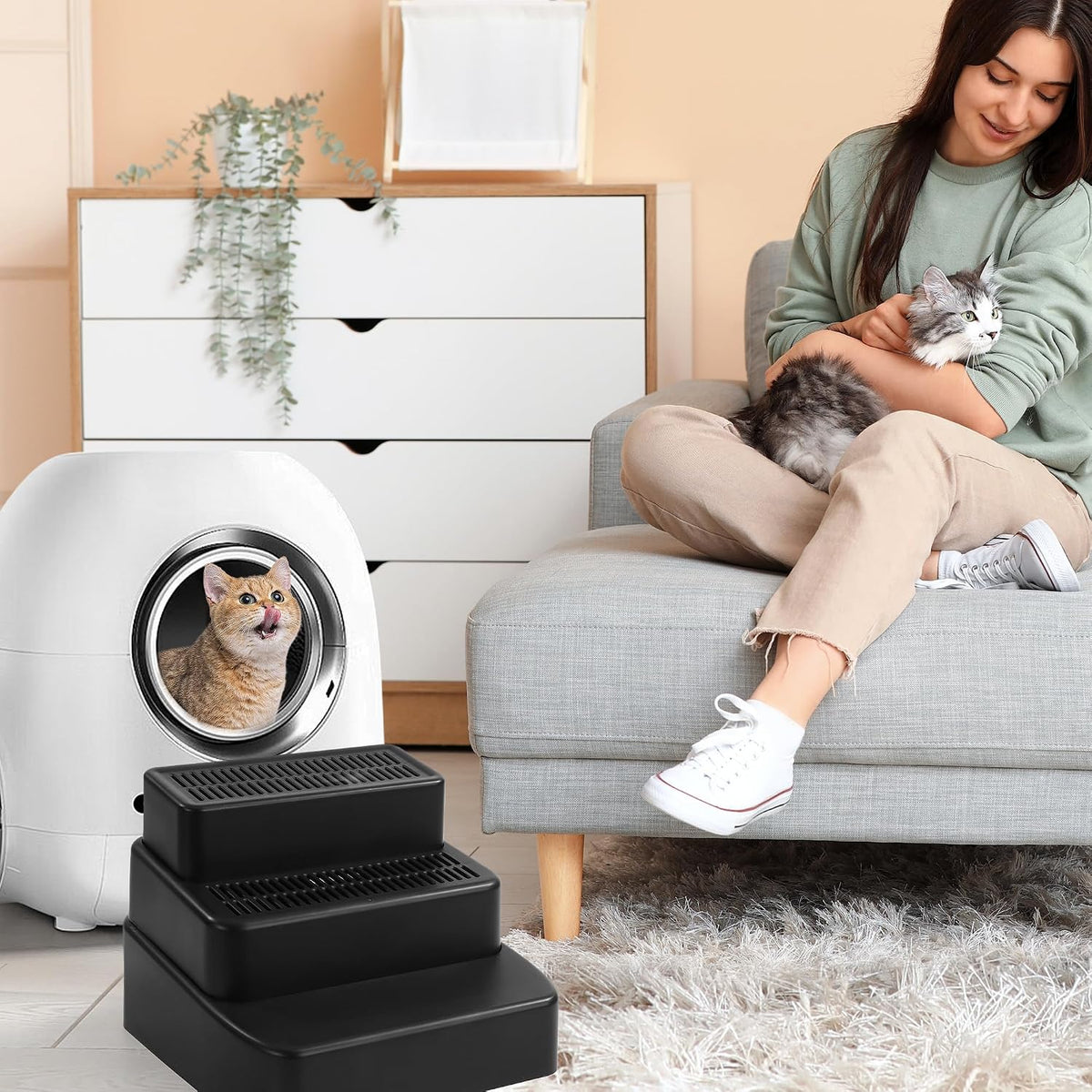 BALAPET Adjustable 3 Steps Litter Box Ramp with Filter Function, Detachable Litter Trapper, Easy Clean Cat Litter Stair for Small & Elderly Cats(Black)