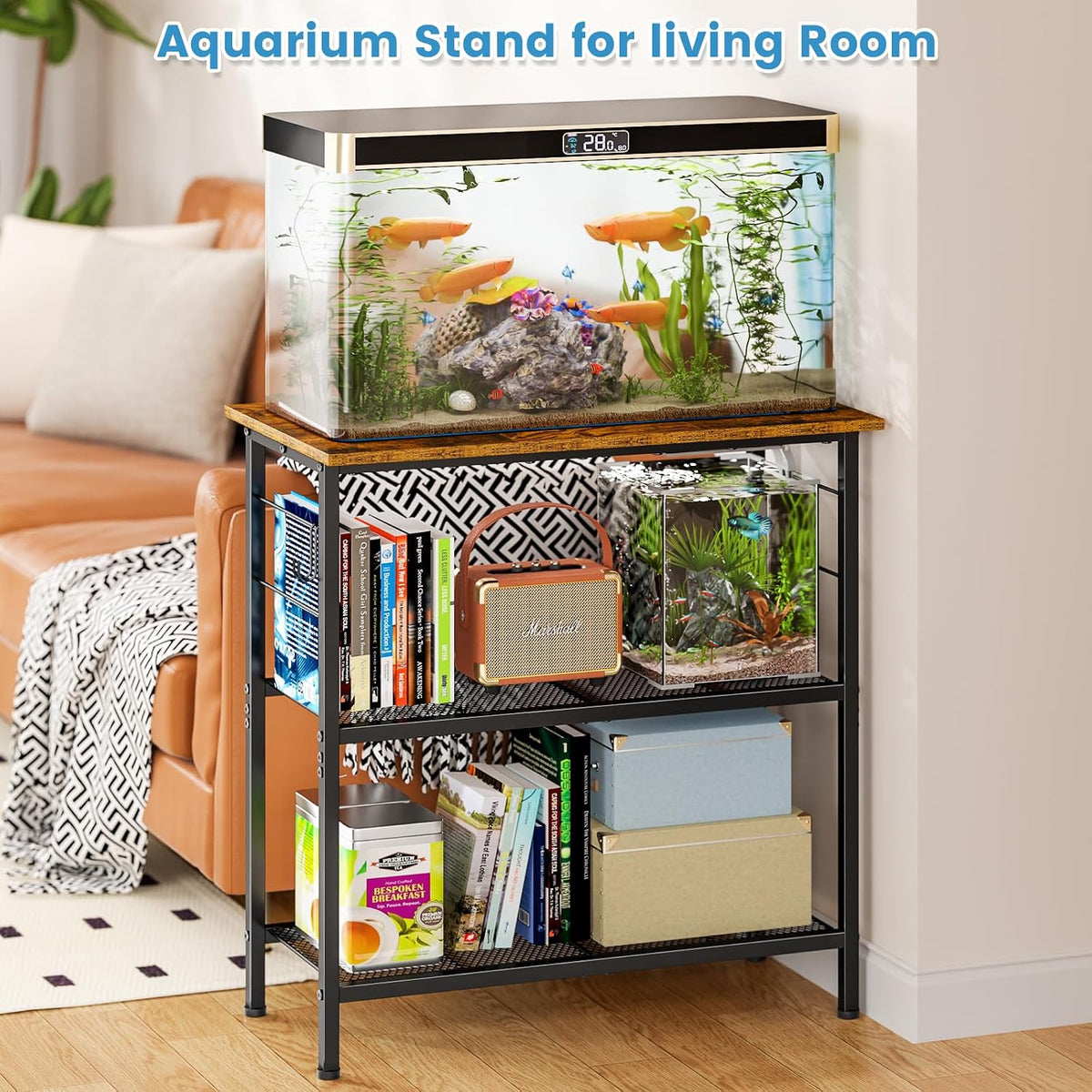 ThreeHio 20 Gallon Fish Tank Stand, 3 Tier Aquarium Stand with Movable Hooks, 28.5" L* 15.74" W Tabletop, Heavy Duty Terrarium Stand with Storage Shelf, Storage Table Shelf Rack Organizer for Kitchen, Living Room, Office, Balcony