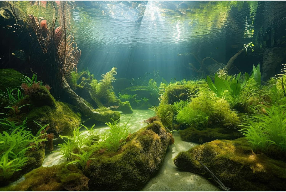 Underwater Aquarium Background Underwater Aquatic Plants with Sunbeams Fish Tank Background Rock with Lush Moss Terrarium Background Aquarium Backdrop For Tank Decorations Poster Vinyl 72x24in