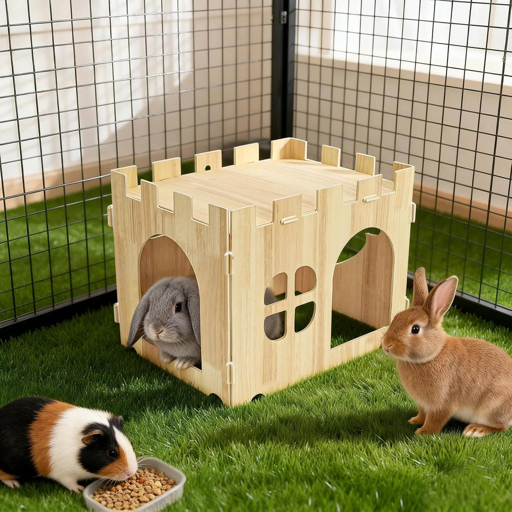 WUWEOT Large Wooden Rabbit House, 15.3''x11.3''x11.8'' Wood Bunny Hideout Castle, Small Animal Play Hideaway Hut and Playhouse for Indoor Adult Bunnies Guinea Pig Hamster Chinchilla Gerbil