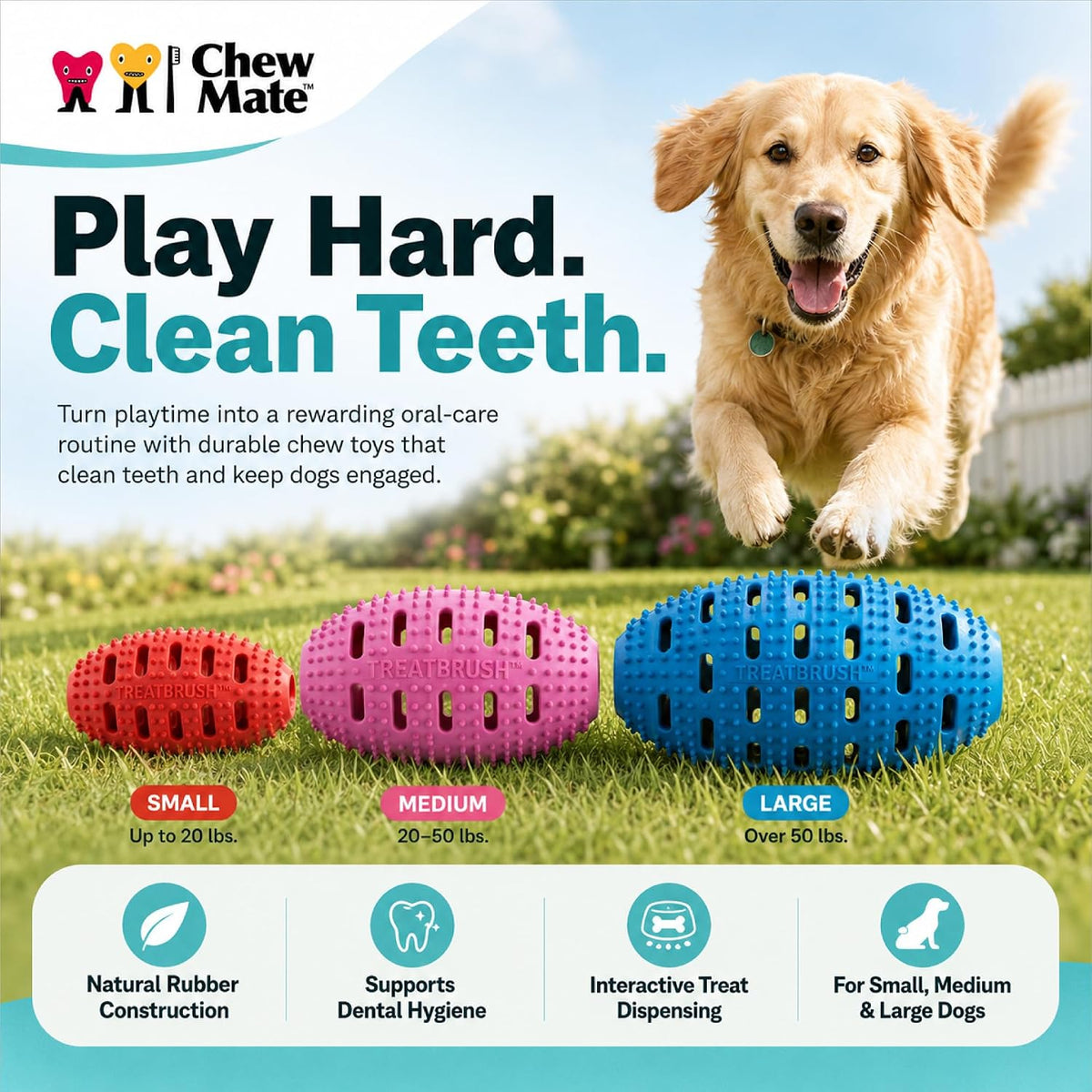 Dog Teeth Cleaning Toy | Treat-Dispensing Dog Dental Chew Toy | Rubber Bristles & Floss Slots Clean Teeth, Gums, Tongue | For Large Dogs (Over 50lbs)