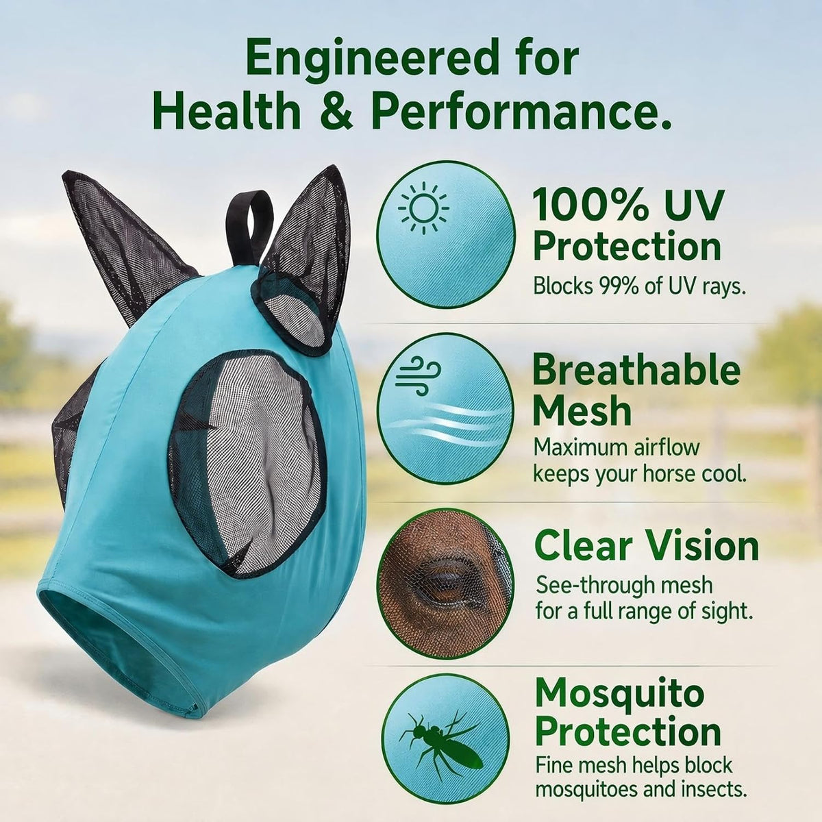 Horse Fly Mask – Nylon-Spandex Face with Breathable Mesh Eyes & Ears, UV Protection Soft Edging Prevents Chafing, Durable & Easy to Clean for Horses & Ponies, Size M