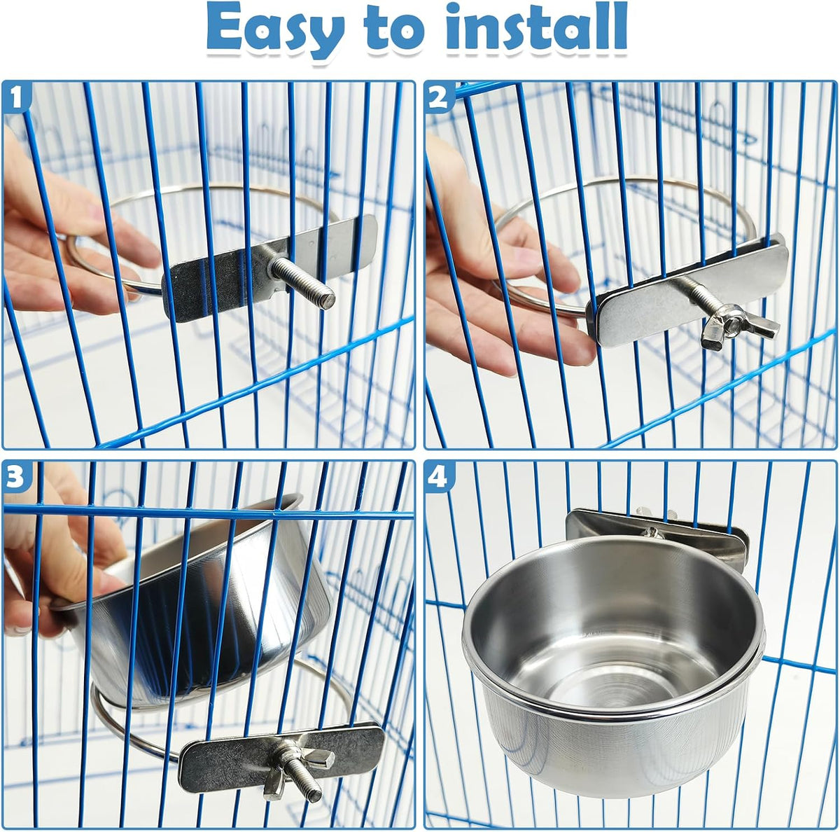 kathson 8 Pack Bird Feeding Dish Cups, Stainless Steel Parrot Feeders Water Cage Bowls with Clamp Holder Bird Feeders for Parakeet Cockatiels Conure Budgies Lovebird Finch and Small Animals