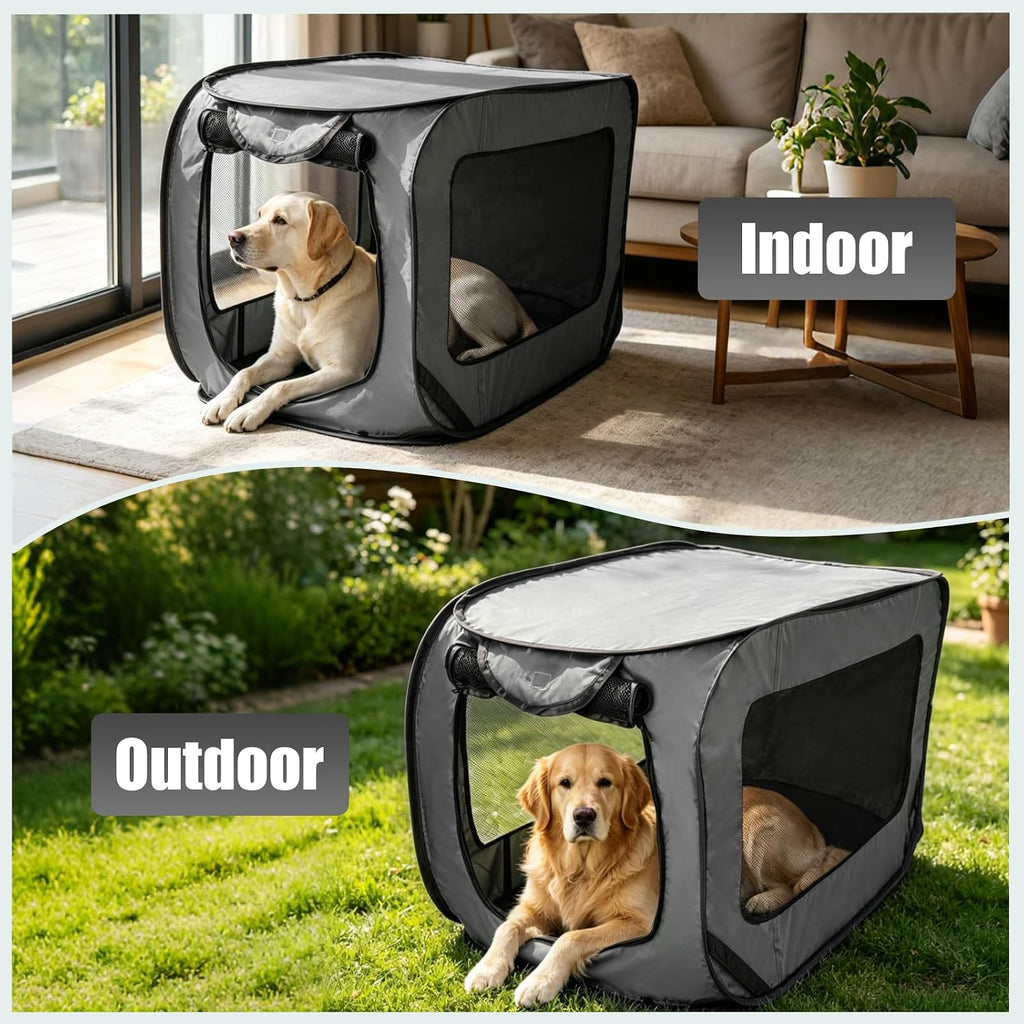 Foldable 36" Dog Crate for Medium Dogs, Portable Waterproof Pop-Up Pet Kennel with Zipper, Collapsible Lightweight Indoor Outdoor Travel Cage with Tie-Down Straps & Ground Nails (Grey)