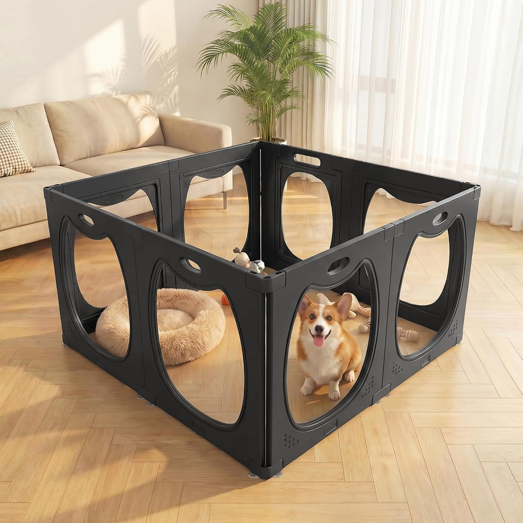 HABUTWAY Acrylic Dog Playpen for Indoor Use – Clear Small Pet Play Pen for Puppies, Cats, Rabbits & Ferrets – Easy Assemble, Durable & Portable Pet Enclosure (Black, 24" H, 8 Panels)