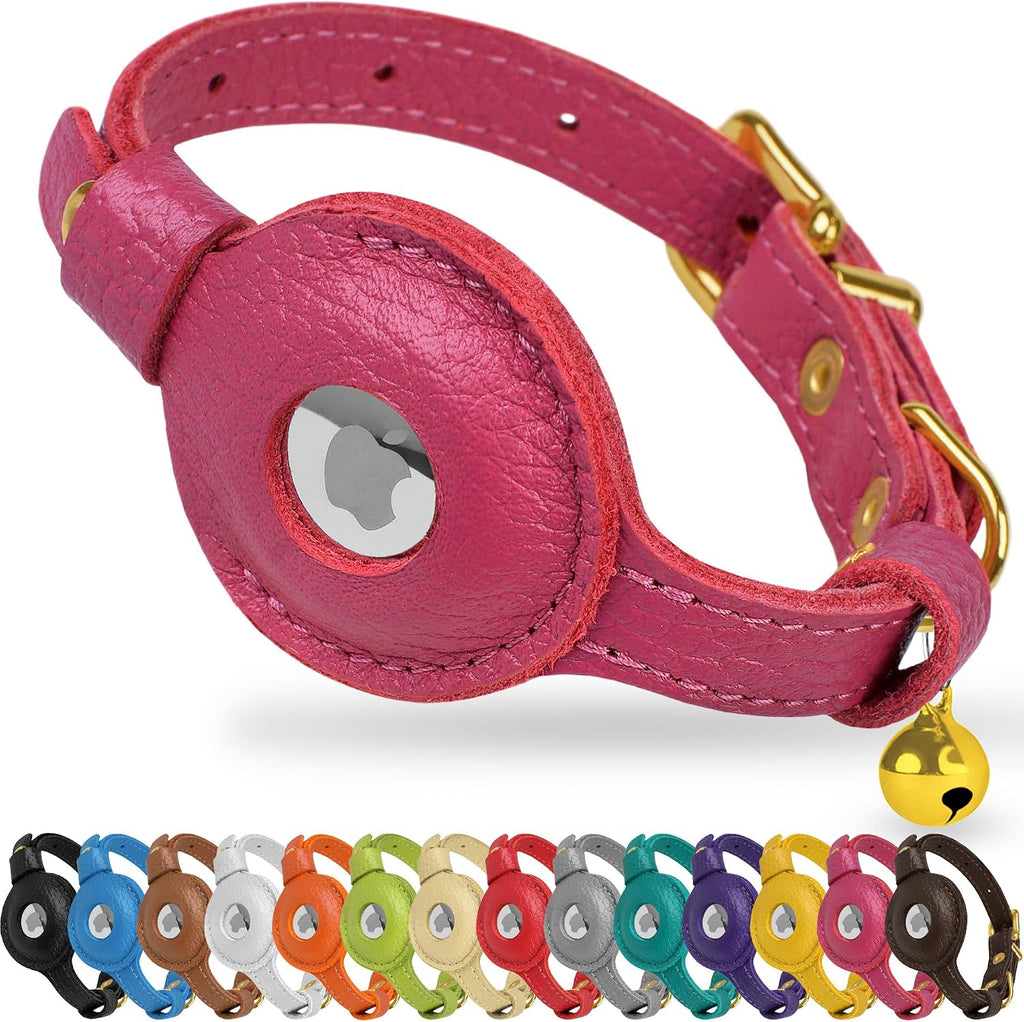 OOPSDOGGY Leather AirTag Cat Collar with Bell - Non Breakaway Kitten Collar with Apple Air Tag Holder - Lightweight GPS Pet Collars for Girl Boy Cats, Small Dogs, Puppies (Pink)