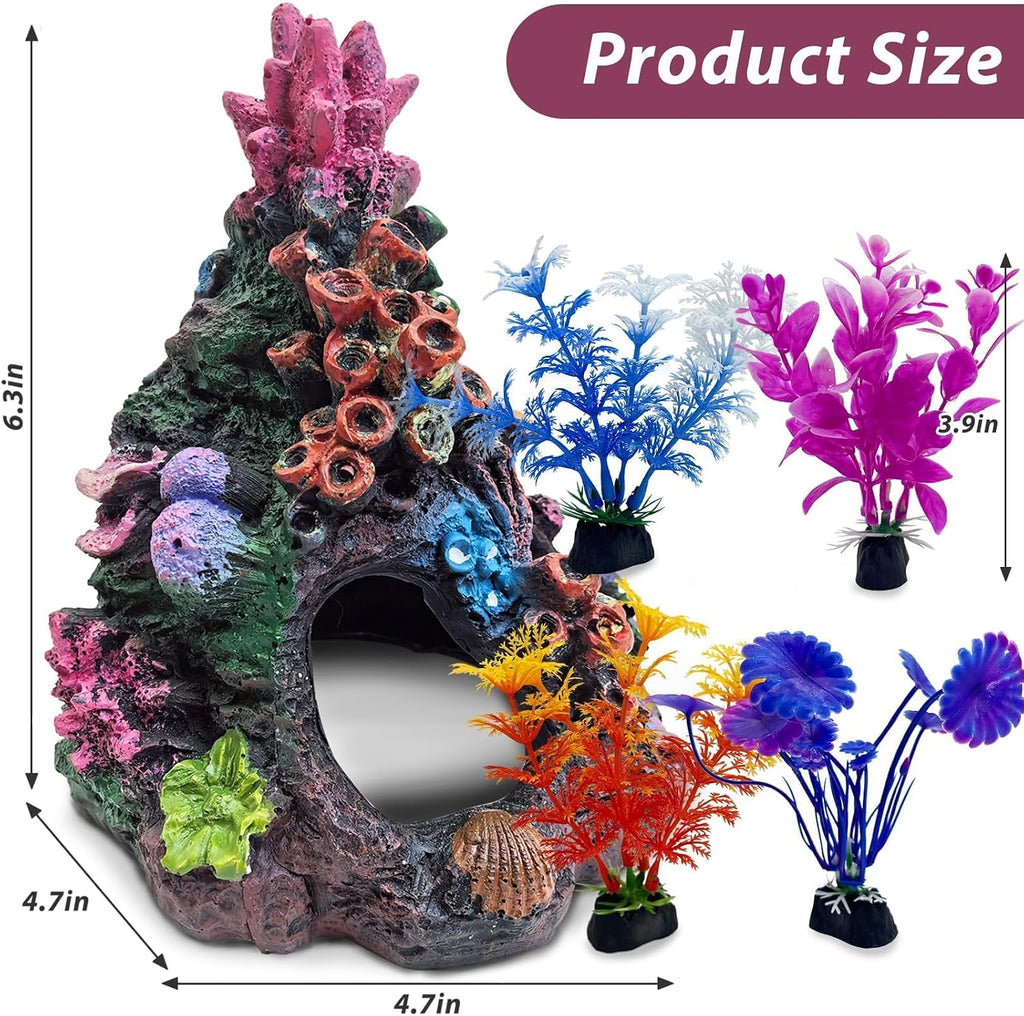 Coral Small Fish Tank Decorations with 4PCS Artificial Aquarium Plants