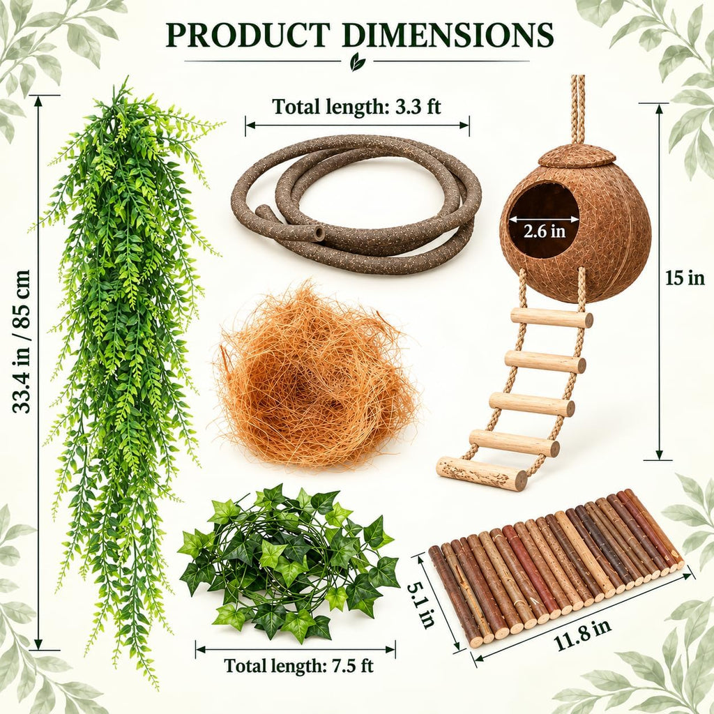 10PCS Crested Gecko Tank Accessories, Reptile Plants Bridge Vines, Coconut Shell with Ladder for Lizard, Chameleon Cage, Snakes, Hermit Crab, Leopard Gecko Tank Accessories, Terrarium Decor
