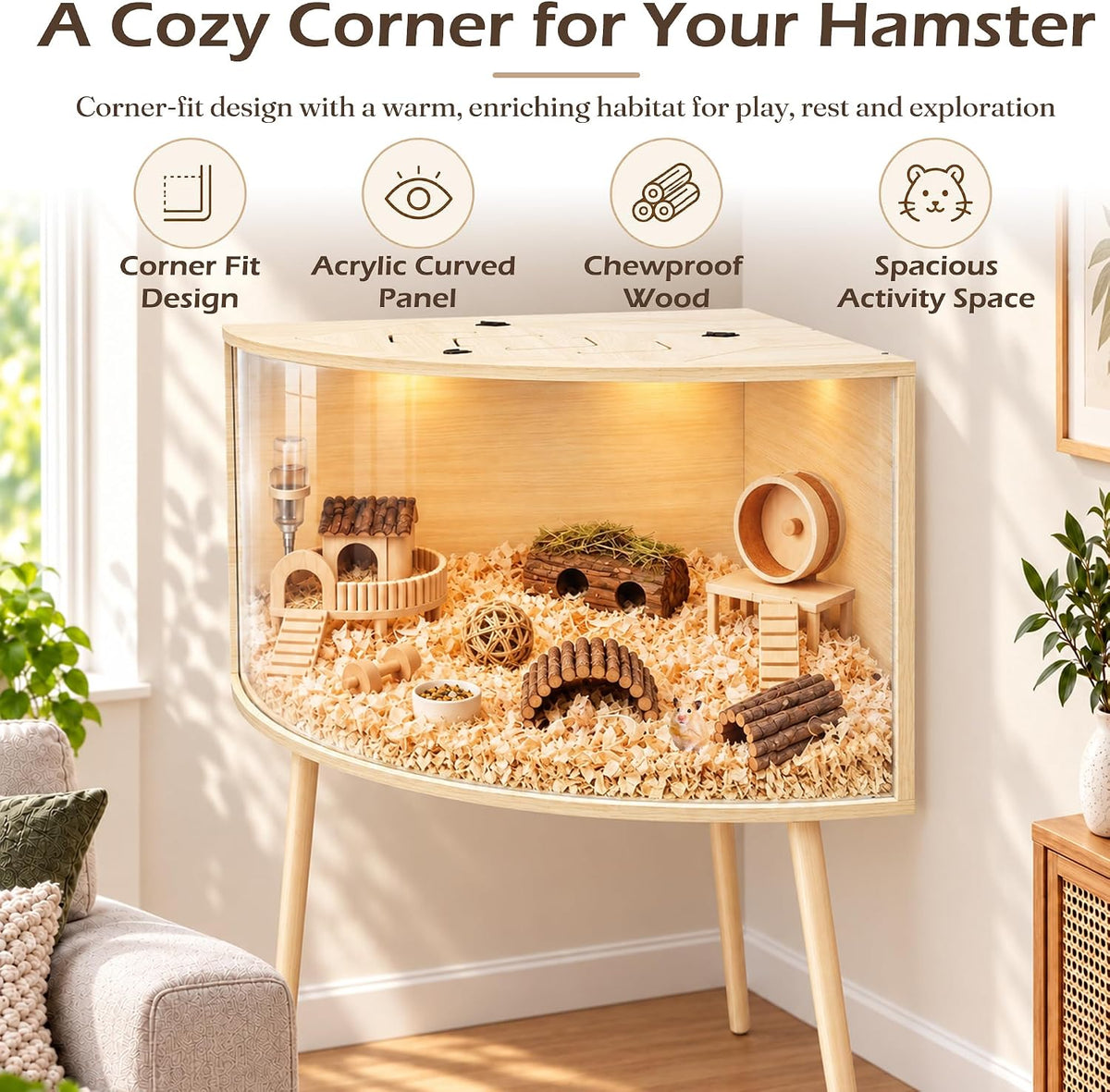 PROLEE Corner Hamster Cage with Leg,Large Hamster Encloure Chew Proof Wood,Clear View Hamster Habitat for Guinea Pig, Ferret, Rat, Hedgehog,Oak