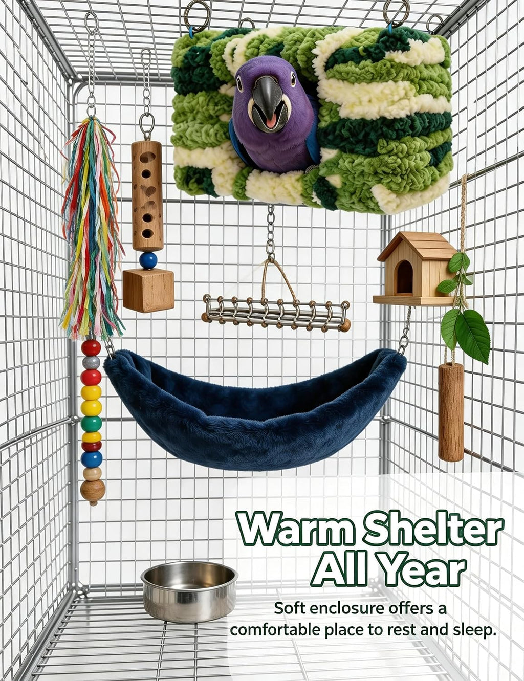 Plush Rectangular Bird Nest Hut with Metal Hanging Rings for Parrots