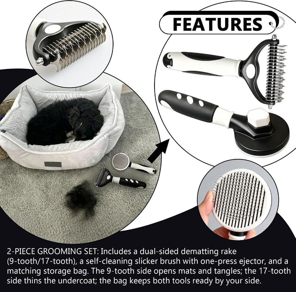 2Pc Dematting Rake & Self-Cleaning Slicker Brush for Dogs Cats