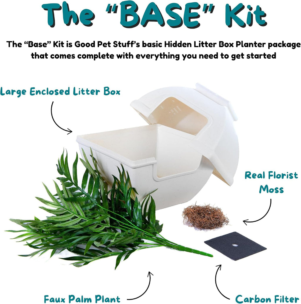 Good Pet Stuff Courtyard Hidden Litter Box Planter, Decorative Cat Litter Enclosure with Carbon Filter, Artificial Palm Plant, Square Design, Easy to Clean, Base Kit, White Birch