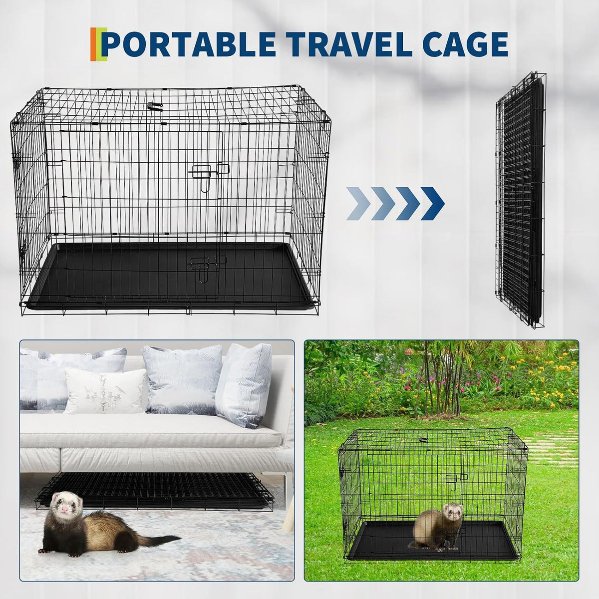 GarveeLife Rabbit Cage, Portable Rabbit Carriers with Slide Out Tray, Top & Front Door, Folding Small Critter Carriers Cage for Bunny, Ferret, Chinchilla, Cat, Rat (48Inch)